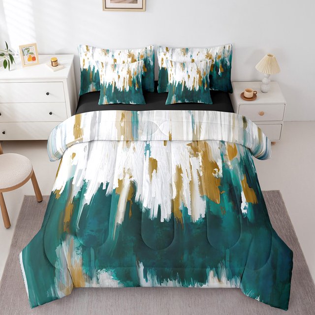 YST Ensemble de Literie Moderne Graffiti Sarcelle 7 Pcs, Ensemble de Couette à Rayures Contemporaines, Format Double