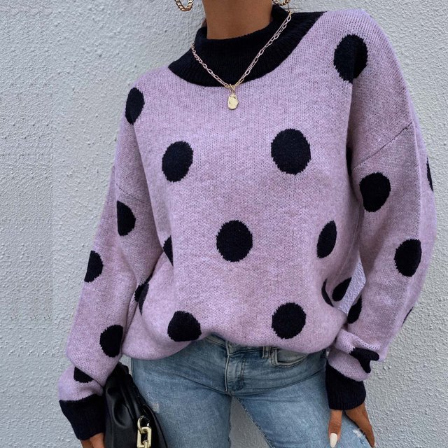 Chandail à Pois en Tricot à Col Rond pour Femme, Mode, Chandail Tricoté, Haut, Blouse