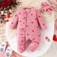 thumbnail image 2 of Posijego Baby Girl Valentine's Day Outfit Heart Printed Ruffle Trimmed Footed Rompers with Bow Headband, 2 of 6