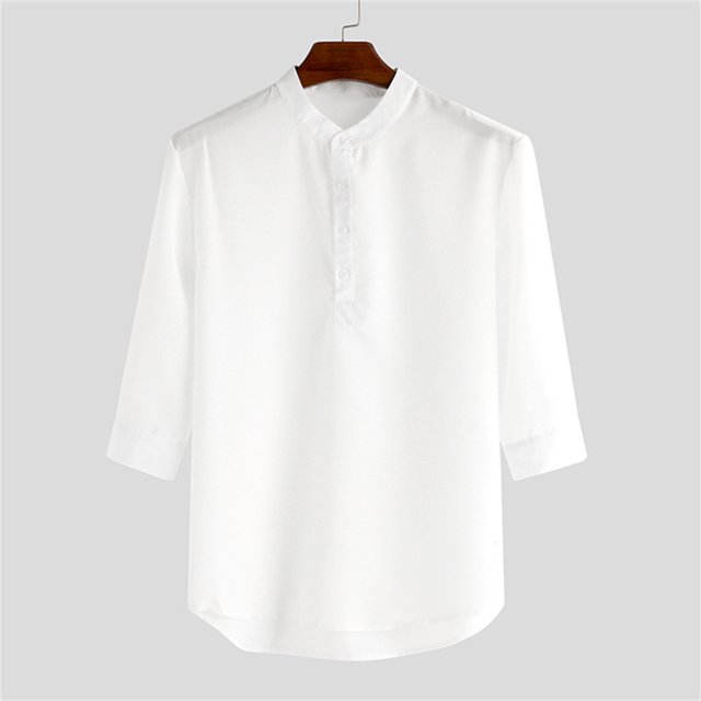 Birdeem Chemise Décontractée à Manches Mi-Longues en Lin Col Montant pour Hommes
