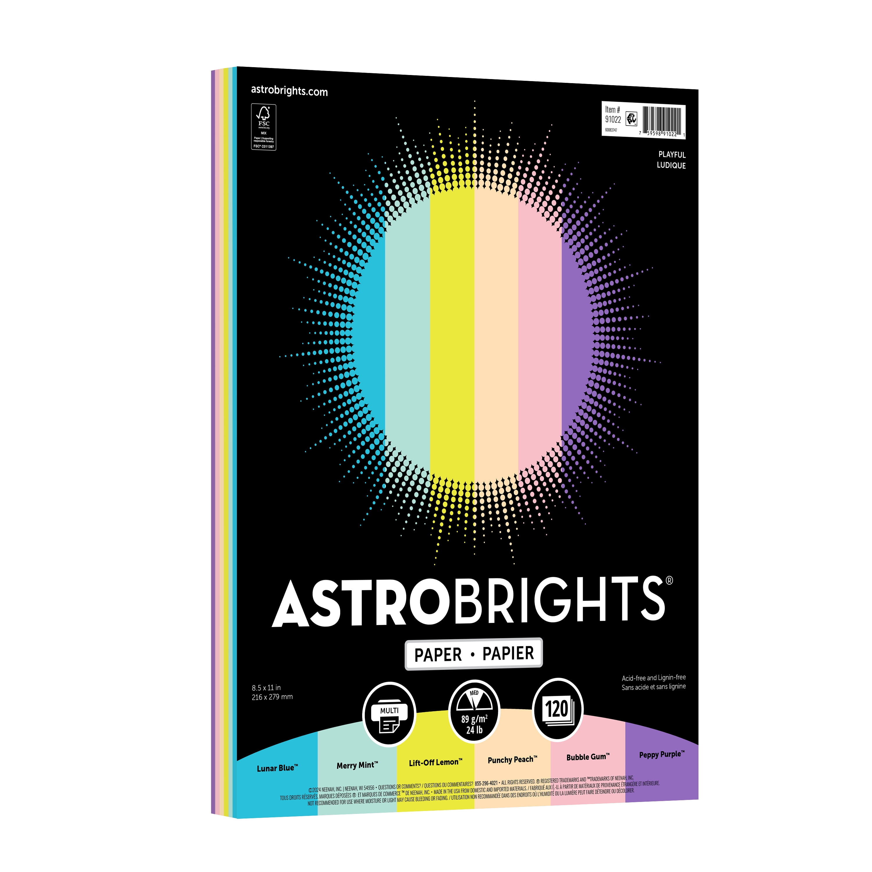 Neenah Papier coloré Astrobrights, 8,5" x 11", 24 lb/89 g/m², assortiment ludique 6 couleurs, 120 feuilles par paquet