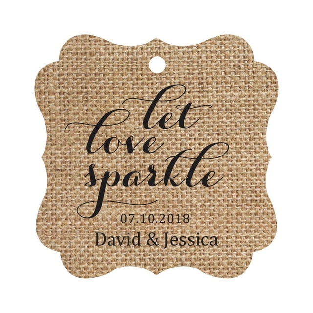 Darling Souvenir Custom Let Love Sparkle Wedding Hang Tags Personalized Fancy Frame Paper Tags -Burlap-100 Tags