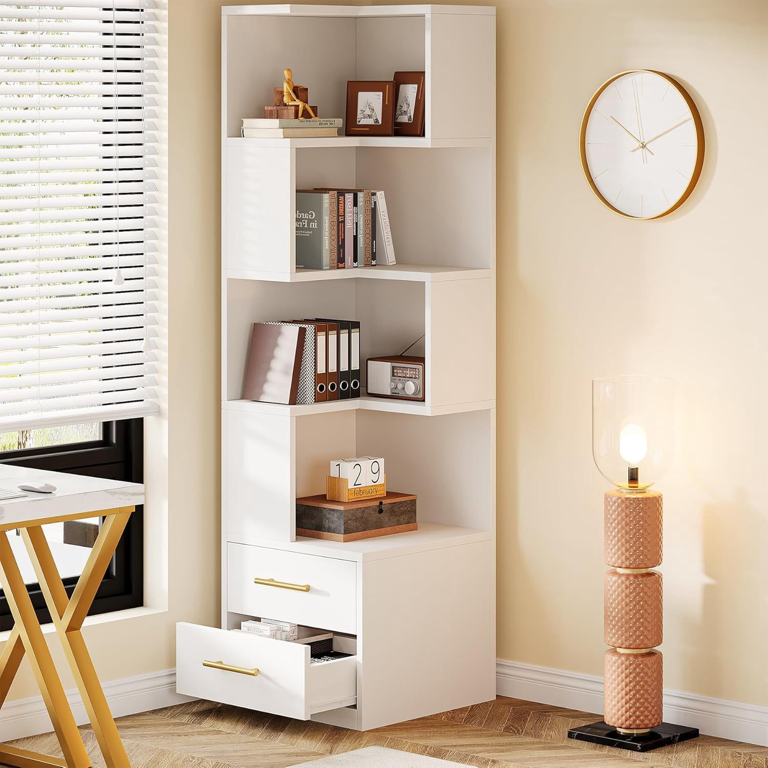 Tribesigns 5-Tier Corner Bookshelf with 2 Drawers, 66.9-Inch Tall Corner Bookcase Shelf, Modern Simple Corner Storage Cabinet