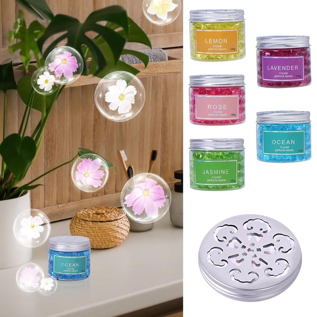 CQCYD Toilet Deodorizer, a household air freshener for bathrooms, displayed in scents like lemon, lavender, rose, jasmine, and ocean. The image features colorful crystal perfume beads in clear jars with labeled lids, accompanied by a decorative silver lid. The jars are arranged on a wooden bathroom shelf with a plant and toothbrushes nearby, highlighting its role as a long-lasting aromatherapy deodorizer and effective odor eliminator for toilets, homes, and offices.