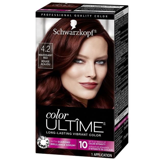 Schwarzkopf Color Ultime Permanent Hair Color Cream in 4.2 Mahogany Red, featuring long-lasting vibrant color with diamond brilliance serum for up to 10 weeks of intense color, includes one application kit.