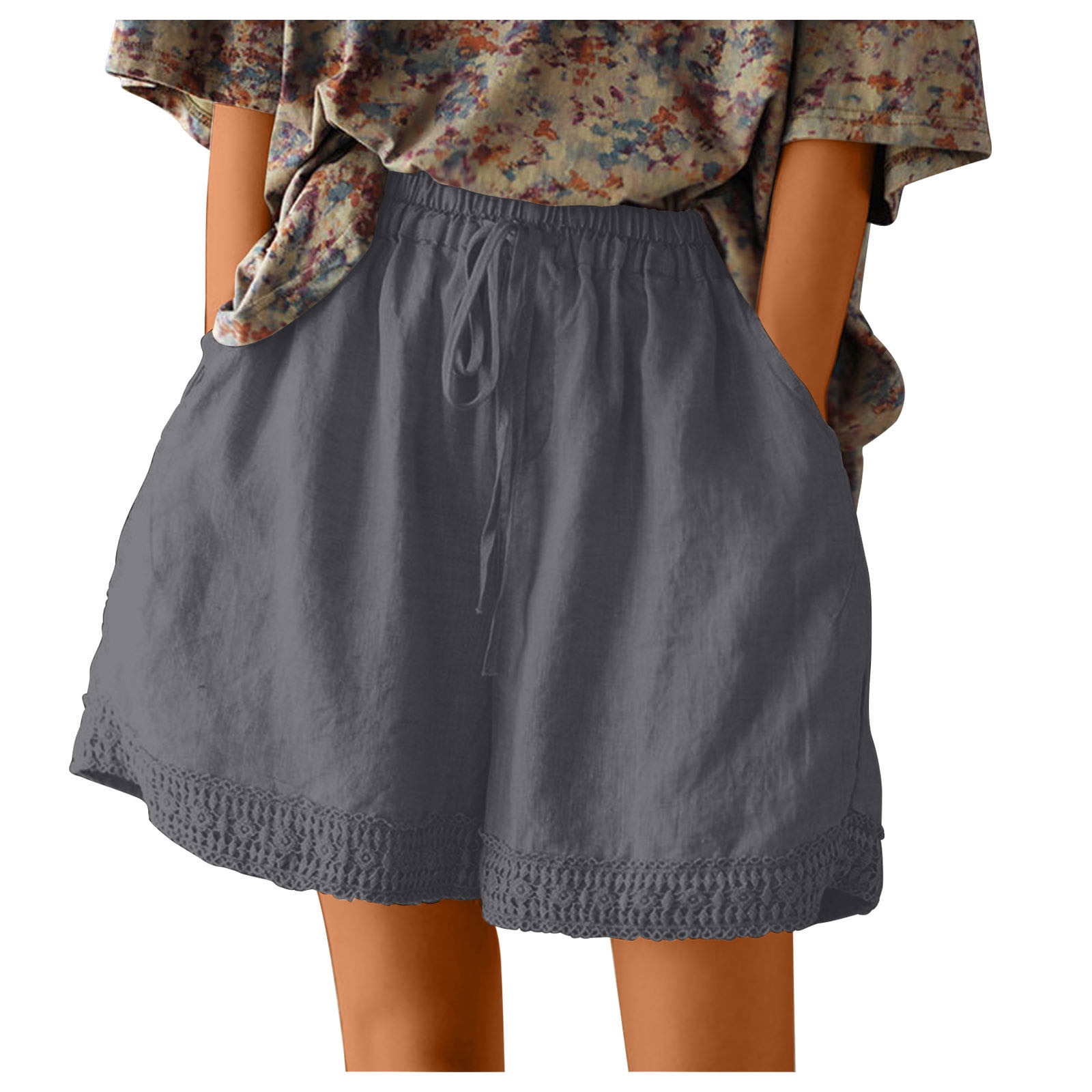 Timegard Womens Plus Size Shorts Cotton Linen Elastic High Waisted Wide Leg Lounge Shorts with Pockets