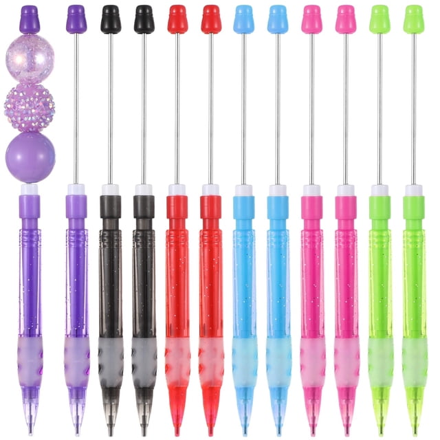 12 PCS Beadable Mechanical Pencils, 0.7mm beadable pencils in multiple colors, each measuring 6.5 inches. These mini mechanical pencils feature a beadable design for DIY customization, allowing users to personalize with beads. The set includes vibrant colors like purple, black, red, blue, pink, and green, with ergonomic grips for comfortable writing and drawing. Ideal for students, teachers, and DIY enthusiasts, these pencils are suitable for writing, sketching, and crafting.