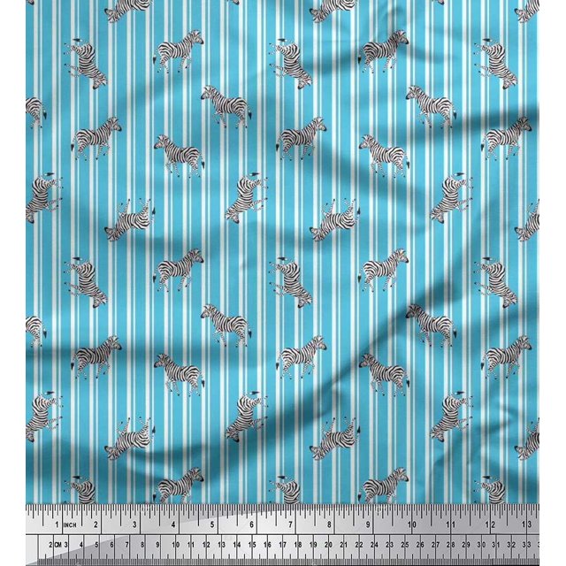 Soimoi Blue Poly Georgette Fabric Stripe & Wild Animal Print Sewing Fabric BTY 42 Inch Wide