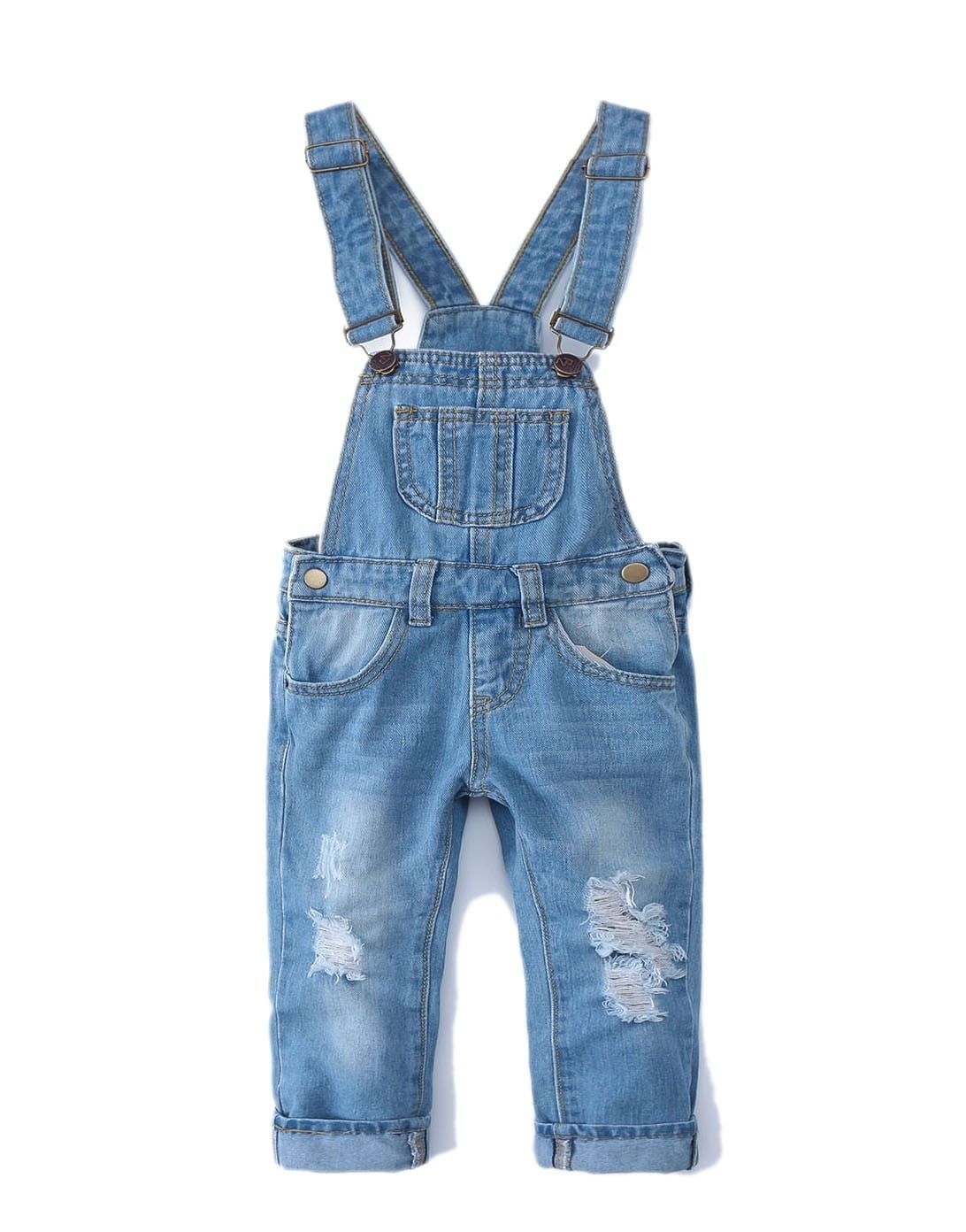 KIDSCOOL SPACE Salopette en Jean Déchirée Mignonne Coupe Ajustée pour Petite Fille Garçon, 3-4 Ans