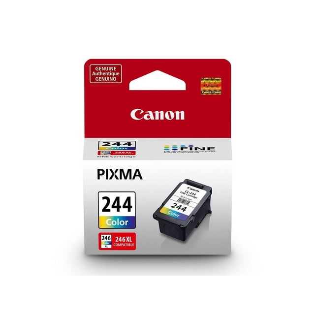 Genuine Canon CL-244 Color Ink Cartridge packaging with red and white box, Canon logo, PIXMA branding, and a black ink cartridge labeled 244 Color, compatible with 246 XL cartridges, suitable for vibrant color printing.