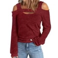 thumbnail image 2 of IROINID Liquidation T-Shirts à Manches Longues pour Femmes Décontractés Col Rond Épaules Dégagées Chandails Légers Couleur Unie Hauts Ajustés, Rouge, 2 of 9