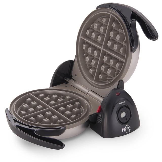Presto FlipSide Belgian Waffle Maker, a 7-inch ceramic kitchen appliance in black, shown open with its deep, nonstick grid divided into 4 sections. Features a 180-degree flip design for even batter distribution, a brushed stainless steel exterior, and a digital countdown timer. Compact and space-saving with a dual-function base for vertical storage.