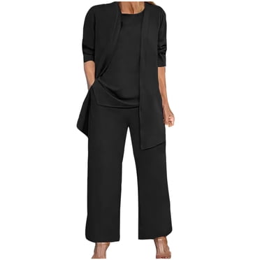 Mrat Women Travel Outfit Set Mother of the Bride Pant Suits 3pc with Cardigan Elegant Wedding Formal Outfit Set Evening Gown for Women S-68 Black L