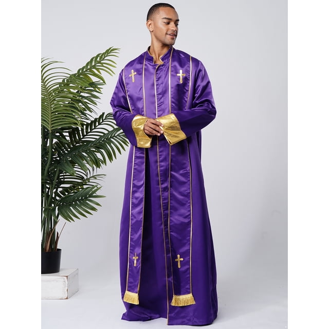 RUNQHUI Men's Priest Robe With Gold Trim And Cross Front Zip Closure For Church Worship And Cosplay Purple S
