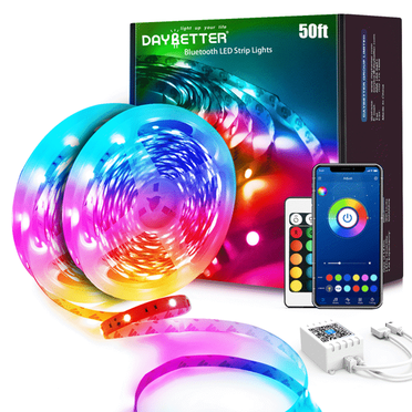 DAYBETTER Bande Lumineuse LED Bluetooth 50 Pieds, Synchronisation Musicale Bande Lumineuse LED 5050 RVB avec Télécommande, Horaire de Minuterie, Lumières LED à Changement de Couleur pour Chambre (Appli + Télécommande + Micro)