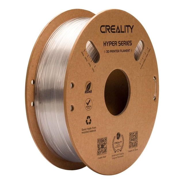 Creality Hyper Series PETG 3D Printing Filament 1kg spool in transparent color, clear filament wound on a brown recycled cardboard spool with Creality branding and certification logos, designed for fast printing, high toughness, impact resistance, waterproof and chemical resistance, suitable for durable 3D printing projects.