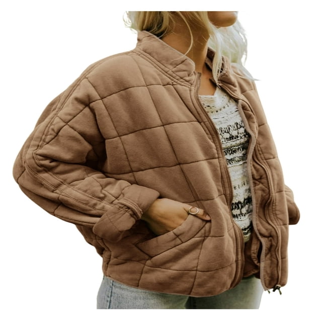 Women Stand Collar Quilted Jackets Long Sleeve Solid Color Full Zip Padded Jackets