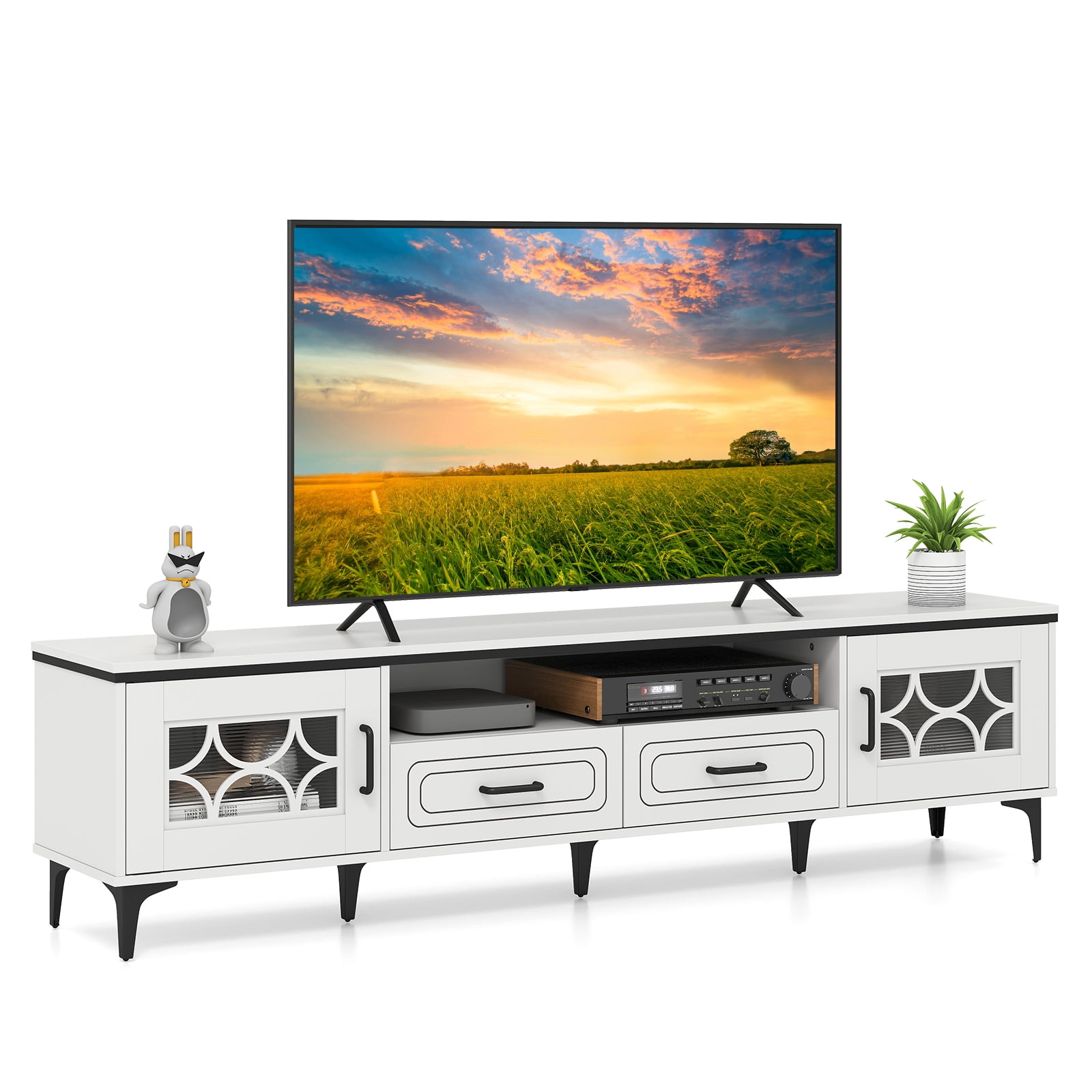 Patiojoy Farmhouse TV Stand for TVs up to 80" Entertainment Center with 2 Drawers & 2 CabinetsWooden TV Cabinet White