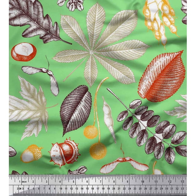 Soimoi polyester Crepe Fabric Berries,Oak Chestnut Leaves Print Fabric by the Yard 52 Inch Wide