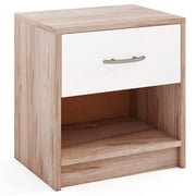 Costway Modern Nightstand Bedside Table with Drawer Open Storage Shelf for Small Spaces Oak&White