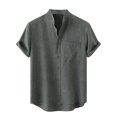 thumbnail image 2 of Babysbule Mens Shirts Clearance Men's Round Neck Pocket Button Solid Cotton Linen Short Sleeve Shirt, 2 of 7