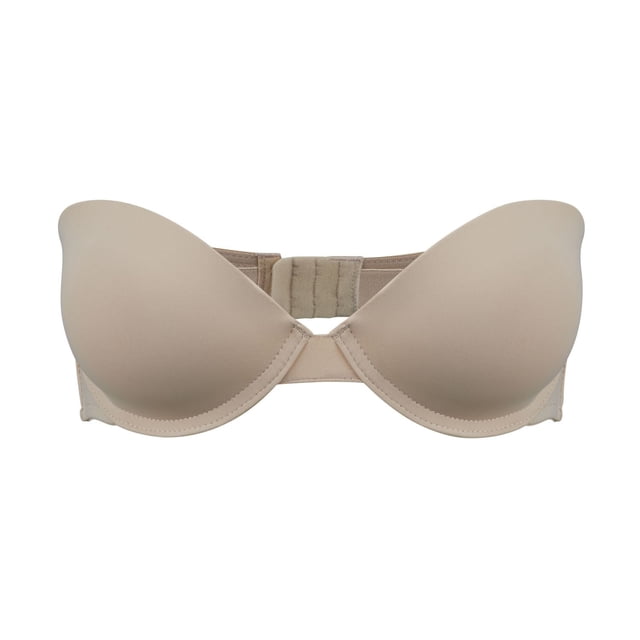 George Women's Convertible Bra, Style# GRY4130030 front-facing close-up of a plunge-neckline bra with molded cups and underwire lift, adjustable convertible spaghetti straps and hook-and-eye back closure; breathable 86% nylon/14% spandex fabric, suitable for low-profile layering under sheer tops.