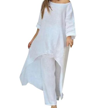 Daznico Ensemble en Coton et Chanvre pour Femme, Haut à Manches Courtes Confortable et Pantalon Long, Couleur Unie, Taille P