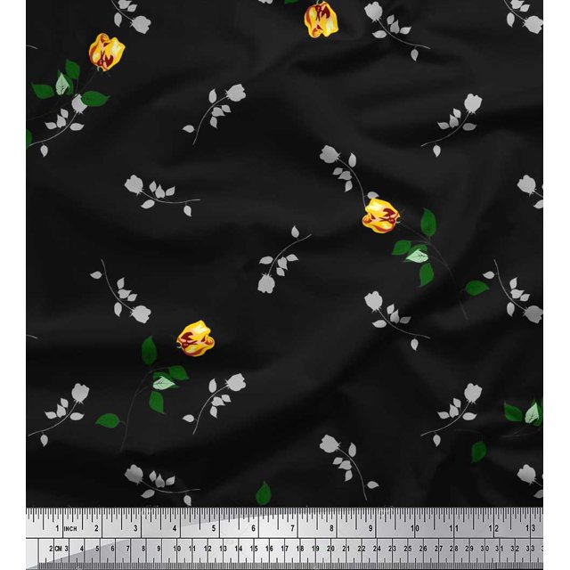 Soimoi Tissu en Mousseline de Viscose Imprimé Feuilles et Fleurs de Rose, Tissu au Mètre, 42 Pouces de Large