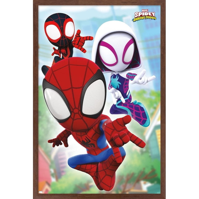 Marvel Spidey and His Amazing Friends - Affiche Murale de Toiles Mettant en Vedette Trois Personnages Stylisés de Spider-Man en Costumes à Motif de Toile avec de Grands Yeux Blancs dans des poses Dynamiques contre un Paysage Urbain Flou, Encadrée en Bois Brun, Convient à l'Art Mural et à la Déco de Chambre d'Enfant.