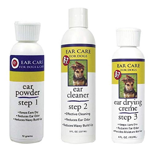 MPP Professional Grade Groomers Ear Care Dog Cat 3 Step Creme Powder & Cleanser Kit. Includes Step 1 Ear Care Powder (12g) to keep ears dry and reduce odor, Step 2 Ear Care Cleaner (8oz) for effective cleaning and wax removal, and Step 3 Ear Care Drying Creme (4oz) that dries to a powder to maintain dryness and reduce odor. Suitable for dogs, cats, puppies, and kittens. Packaged in white bottles with clear labeling for each step.