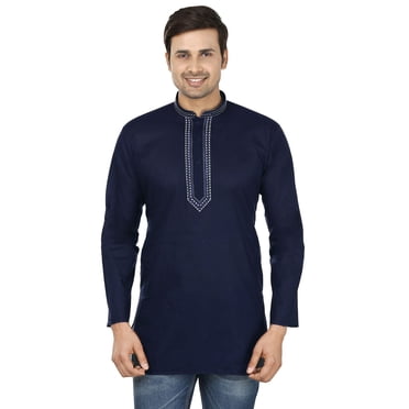 Embroidered Cotton Men's Short Kurta Shirt India Fashion Clothes (Navy Blue, S)