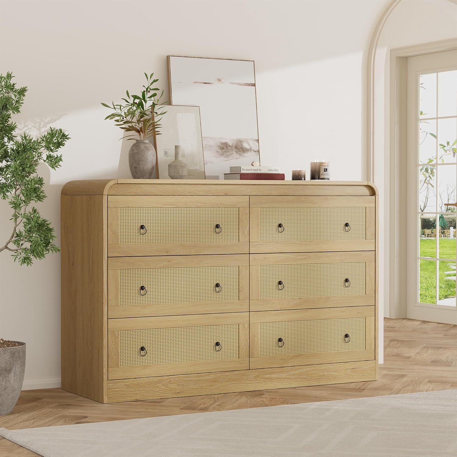 46" Wide Rattan Dresser,6 Drawer Dresser for Bedroom,Dressers & Chests of Drawers,Modern Chest of Drawers for Bedroom,Living Room,Hallway,Natural Wood