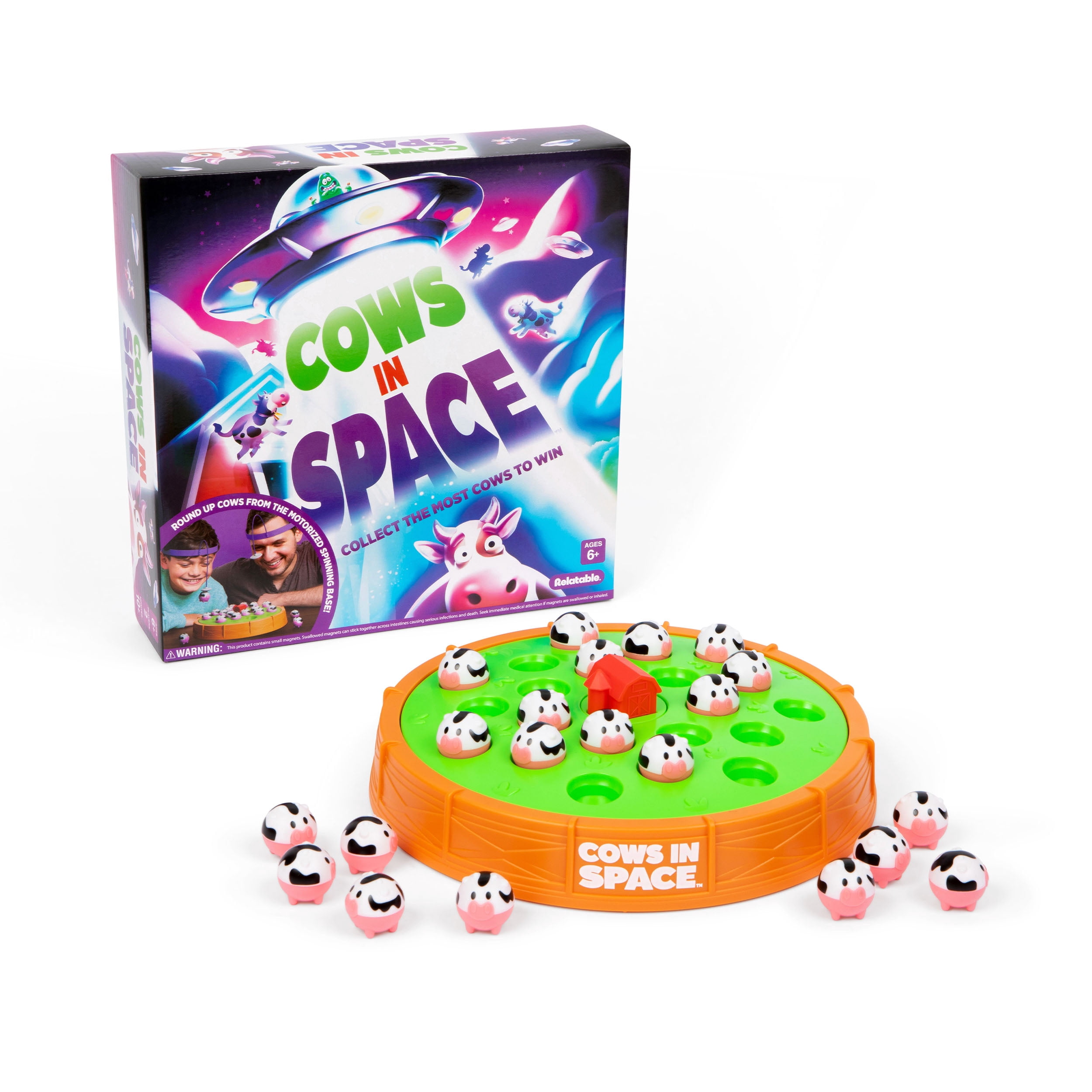 Cows in Space Game by Relatable, 2026 Toy of the Year Finalist, Fun Family Game for Kids Ages 6+, Includes 2 UFO Headbands, Electronic Spinning Base, and 21 Cows