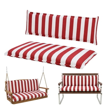 Aoodor Outdoor 3 Seater Bench Cushion Set with Backrest for Patio Swing and Bench, 59 x 18 Inch Flanged Patio Swing Cushion for Deck, Porch, Backyard, Garden, Red Stripe