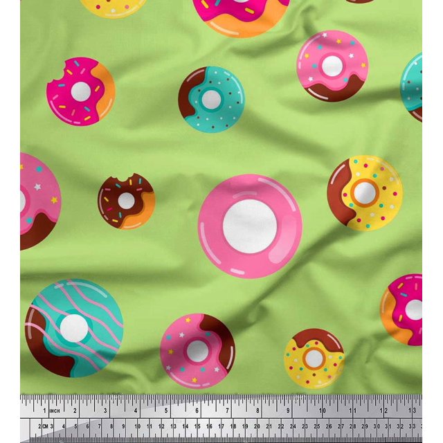 Soimoi Green Modal Satin Fabric Donuts Food Print Fabric by Yard 42 Inch Wide