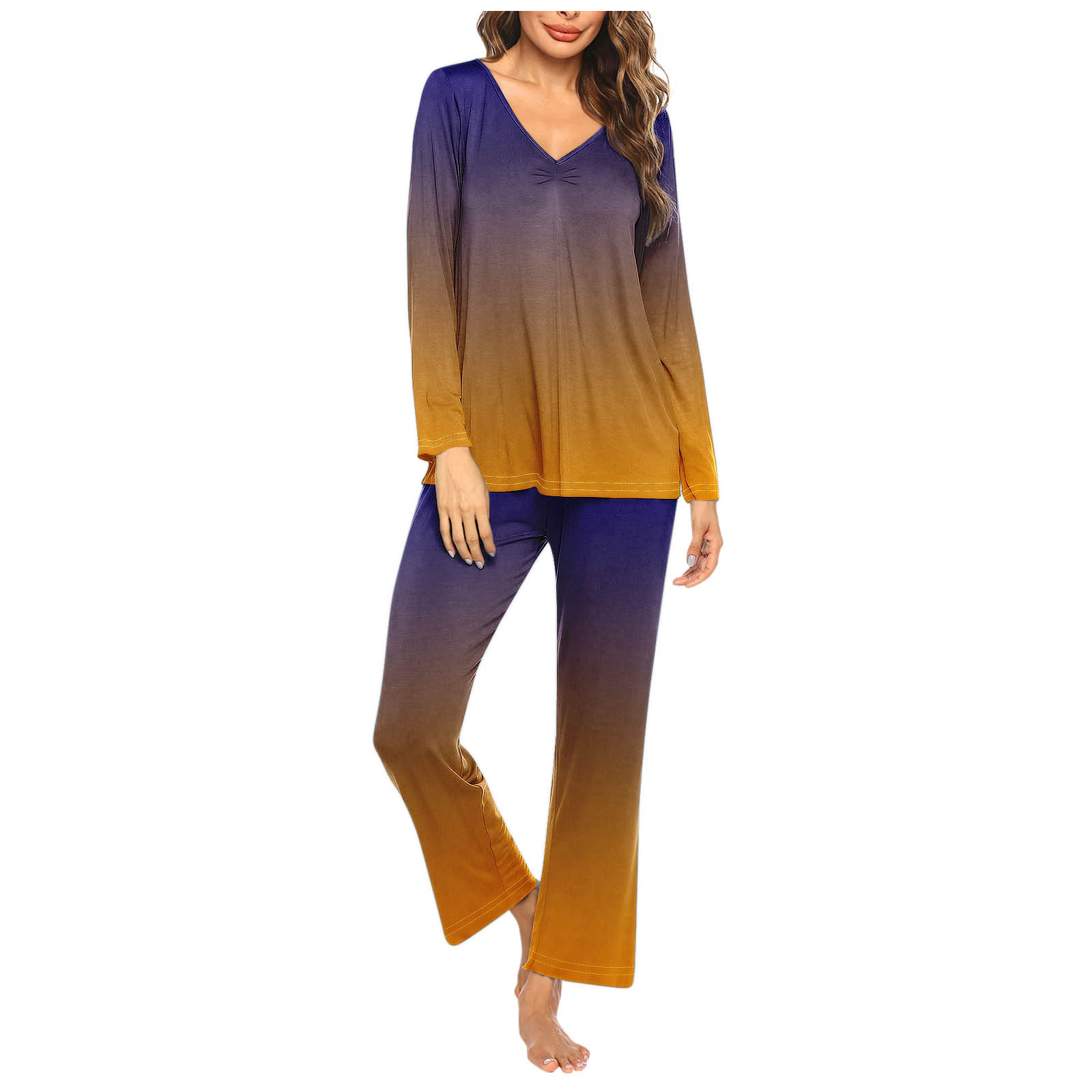 Timegard Ensembles de Pyjamas pour Femmes 2 Pcs Confortables Couleur Dégradée Manches Longues Col en V Haut et Pantalon Tenues de Pjs