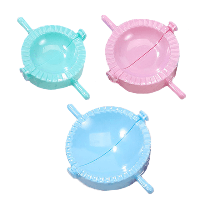 Dough Press Set, 3 Pack by TAIWO, pastel-colored empanada presses in pink, blue, and teal. Includes three sizes: 4-inch, 5-inch, and 6-inch (10cm, 12cm, and 15cm). Designed for making dumplings, hand pies, and pastries, with crimped edges for tight seals and a back side for cutting perfect dough circles. A versatile pastry tool and kitchen gadget. Dishwasher safe.