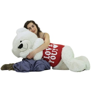 Giant Teddy Bear 52 Inch White Soft, Wears Removable T-shirt I Love You