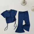 thumbnail image 2 of Zwiiyzr 2025 Toddler Girl Summer Outfits Solid Color Drawstring Short Sleeve Flared Pants Two Set Cute Pants Size 2-8 Years Blue, 2 of 4