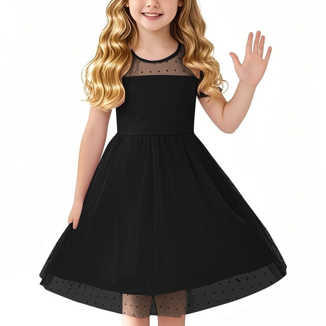 SROBPTY Robes pour Filles, Robe en Maille à Manches Courtes pour Fille, Taille Haute, Coupe Trapèze, Décontractée, Noire, 7 Ans