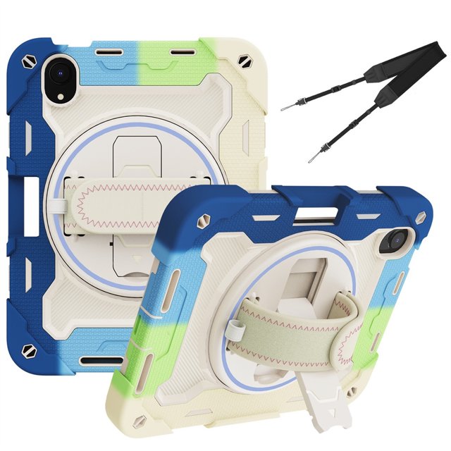XYX 3in1 Rotating Stand Case for iPad Mini 7 A17 Pro 2024/iPad Mini 6 2021 8.3 inch with Hand/Shoulder Strap, Shockproof Rugged, Colorful Blue