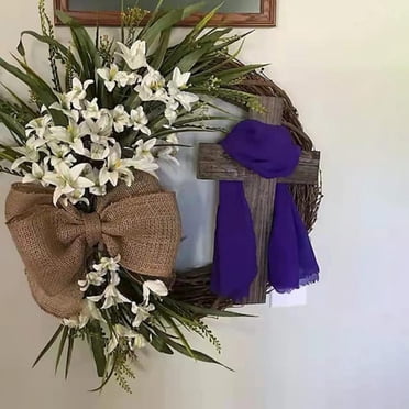 DEBGFS Easter Wreath Door Hanging Decoration with Cross Bouquet Garland for Front Door Decor Simulation Plant Flower Link Day Decorations Grape Vines Wreath,purplescarf,One Size