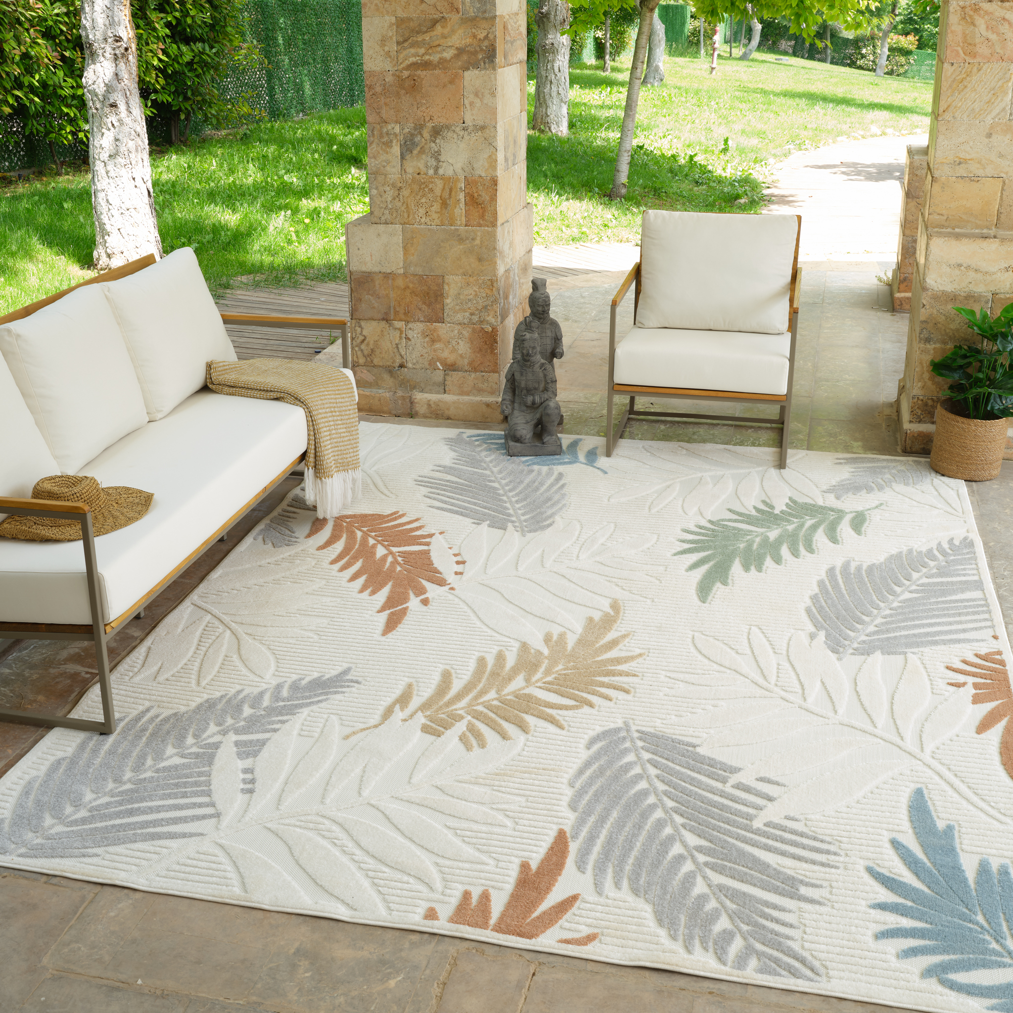 Tapis d'interieur/exterieur abstrait Rug Branch Alfombra, beige creme, motif floral - Salon, chambre, salle a manger et cuisine