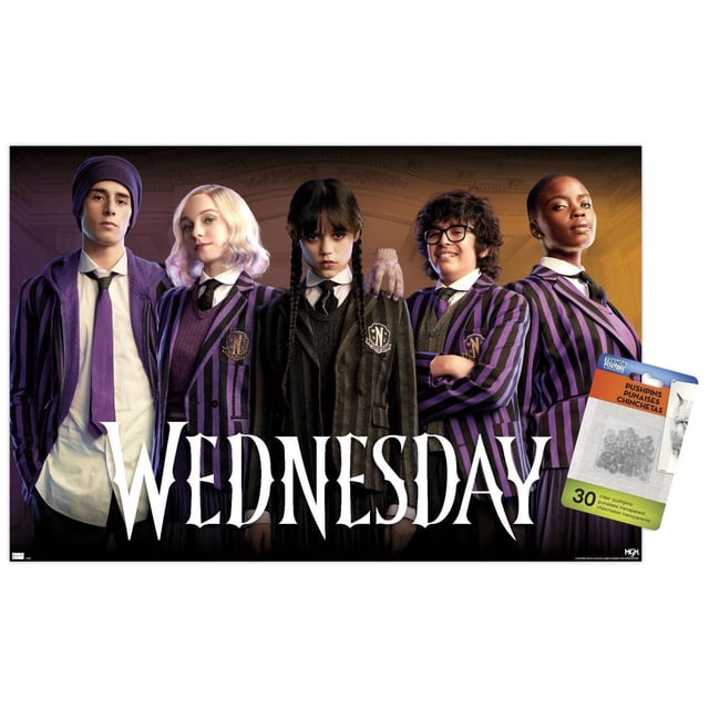 Wednesday - Affiche Murale de Groupe, 22,375 Po x 34 Po, Représentant Cinq Personnages en blazers d'École à Rayures Violettes et Noires avec Chemises Blanches et Cravates Noires Debout sur un Fond Sombre avec le Mot Wednesday en Police Gothique Blanche au Bas, Imprimée sur Papier Lustré, Convient à la Décoration Murale de la Maison Ou du Dortoir.