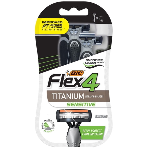 BIC Flex 4 Sensitive Disposable Men's Razor, 4-Blade Shaver, Pivoting Head and Lubricated Strip for a Smooth Shave, 3 Count