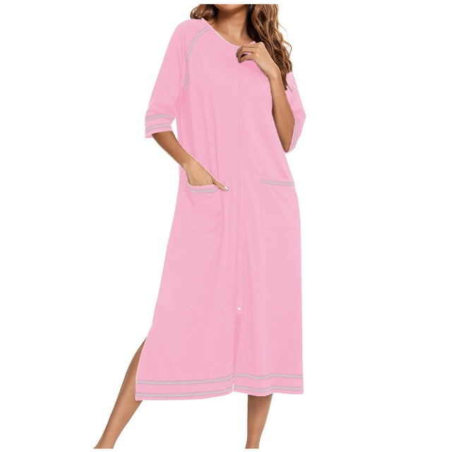 yievot Robe de Maison pour Femmes Longue à Fermeture Éclair devant Peignoirs Chemises de Nuit avec Poches Tenue d'Intérieur