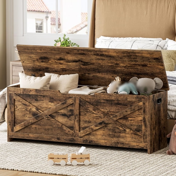 Large Wooden Storage Chest with Safety Hinges – 47.2" Lift-Top Trunk Bench, 300 lbs Capacity, Entryway Shoe and Toy Organizer for Bedroom & Living Room, Farmhouse Style, Easy Assembly, Vintage Color