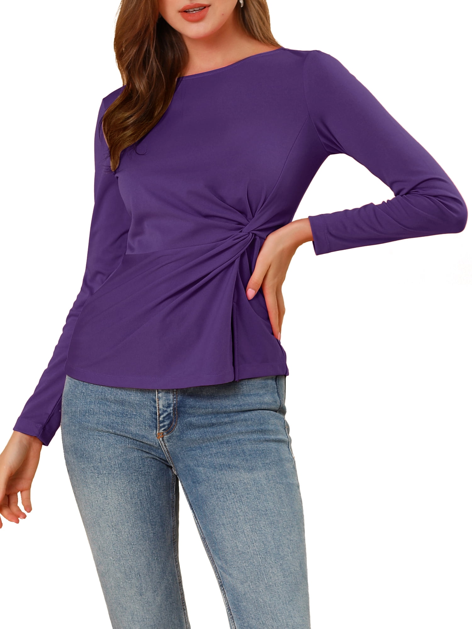 INSPIRE CHIC Women's Round Neck Front Twist Long Sleeve Blouse Tops