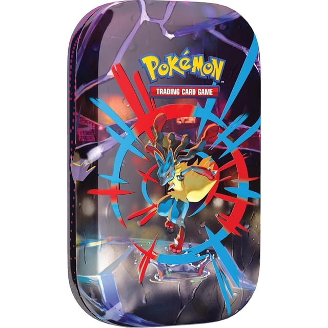 Pokémon TCG: Mega Heroes Mini Tin featuring Mega Lucario with bold red and blue accents, designed as a collectible and decorative item. Includes 2 Pokémon TCG booster packs, 1 sticker sheet, and 1 art card showcasing the tin's artwork, perfect for display or collection.