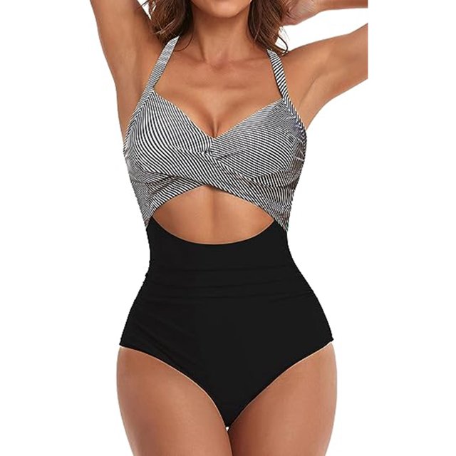 Innerwin Swimwear Gradient Women Bathing Suits Surfing Long Sleeve Backless One Piece Swimsuit Black + Diagonal Bar S